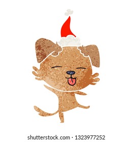 hand drawn retro cartoon of a dancing dog wearing santa hat