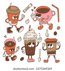 Hand drawn retro cartoon design trendy coffee cup character set. Paper cups and mugs mascot element collection. 70s-80s groovy contour vector illustration.