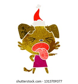hand drawn retro cartoon of a disgusted dog wearing santa hat