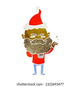 hand drawn retro cartoon of a dismissive man with beard frowning wearing santa hat