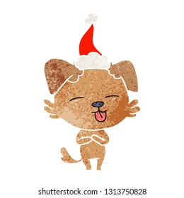 hand drawn retro cartoon of a dog sticking out tongue wearing santa hat