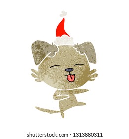 hand drawn retro cartoon of a dog dancing wearing santa hat