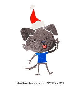 hand drawn retro cartoon of a dog sticking out tongue wearing santa hat