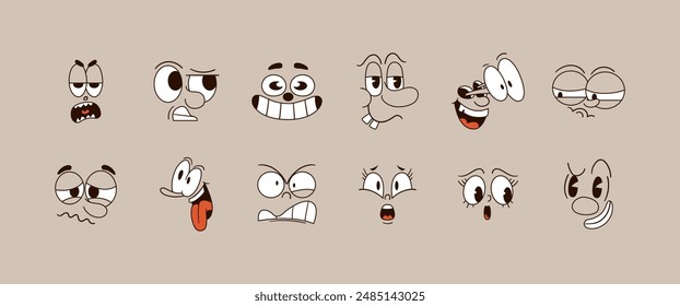 Hand drawn retro cartoon face illustration. Retro cartoon mascot characters funny faces. 50s, 60s old animation eyes and mouths elements. Vintage comic smile for logo vector set