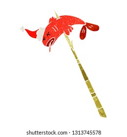 hand drawn retro cartoon of a fish speared wearing santa hat