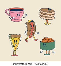 Hand drawn retro cartoon food and drink