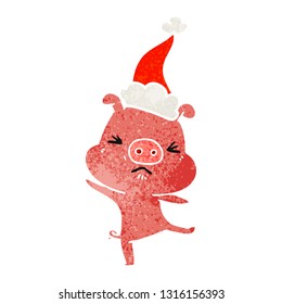 hand drawn retro cartoon of a furious pig wearing santa hat