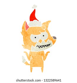 hand drawn retro cartoon of a grinning fox wearing santa hat