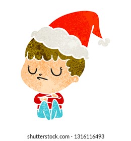 hand drawn retro cartoon of a grumpy boy wearing santa hat