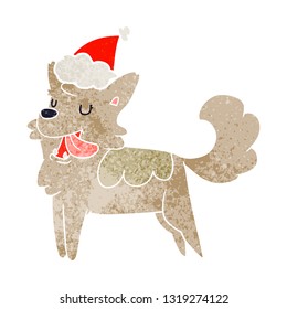 hand drawn retro cartoon of a happy dog wearing santa hat