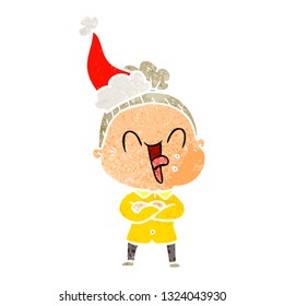 hand drawn retro cartoon of a happy old woman wearing santa hat