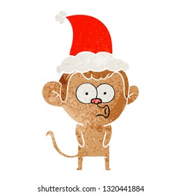 hand drawn retro cartoon of a hooting monkey wearing santa hat