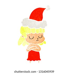 hand drawn retro cartoon of a indifferent woman wearing santa hat