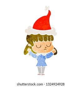 hand drawn retro cartoon of a indifferent woman wearing santa hat