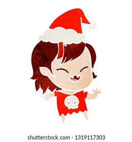 hand drawn retro cartoon of a laughing vampire girl wearing santa hat