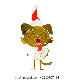 hand drawn retro cartoon of a panting dog with clipboard wearing santa hat