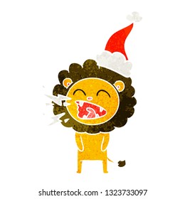 hand drawn retro cartoon of a roaring lion wearing santa hat