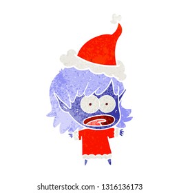 hand drawn retro cartoon of a shocked elf girl wearing santa hat
