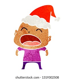 hand drawn retro cartoon of a shouting bald man wearing santa hat