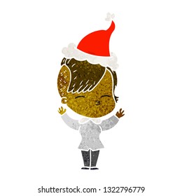 hand drawn retro cartoon of a squinting girl wearing santa hat