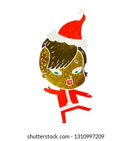 desenho à mão desenho retro desenho animado de uma menina surpreendida em roupas de ficção científica vestindo chapéu de santa