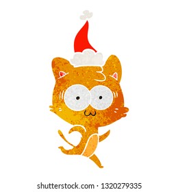 hand drawn retro cartoon of a surprised cat running wearing santa hat