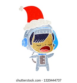 hand drawn retro cartoon of a talking astronaut woman wearing santa hat