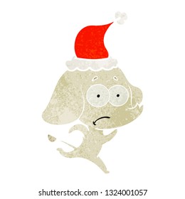 hand drawn retro cartoon of a unsure elephant running away wearing santa hat