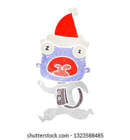 hand drawn retro cartoon of a weird alien running away wearing santa hat