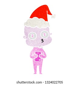 hand drawn retro cartoon of a weird bald spaceman wearing santa hat