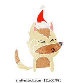 hand drawn retro cartoon of a wolf pouting wearing santa hat
