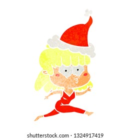 hand drawn retro cartoon of a woman running wearing santa hat