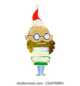 hand drawn retro cartoon of a worried man with beard and stack of books wearing santa hat