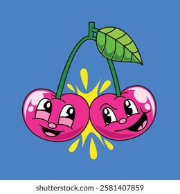 Hand drawn retro cherry cartoon vector illustration