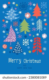 Hand drawn retro - Christmas card. Festive background with stylized Christmas trees, snowflakes and decorations. Scandinavian style.