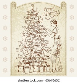 hand drawn retro christmas card with beautiful women