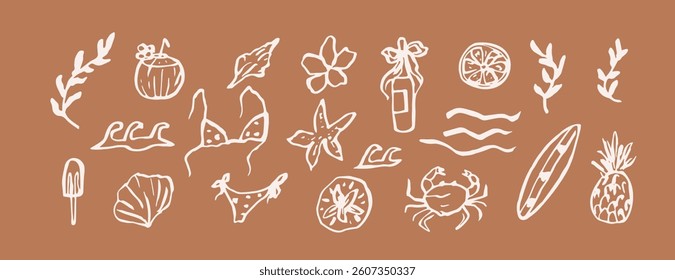 Hand drawn retro coastal summer vacation elements