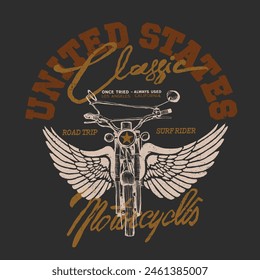 Hand drawn retro color Motorcycle made in Los Angeles California , Vintage typography text print for vector art united states ,road vibes Vintage Motors Slogan for vintage motorcycle t shirt design