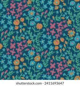 Hand drawn retro colorful ditsy floral pattern in scribble texture style