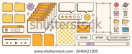 Hand drawn retro computer windows elements. Old computer aesthetic. Retro pc elements, user interface. Nostalgia for 1990s -2000s. Vector illustrations