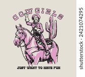 HAND DRAWN RETRO COWGIRL WESTERN PEOPLE PERSON WOMAN LADY HORSE ANIMAL WILD WEST VINTAGE TSHIRT TEE PRINT FOR APPAREL MERCHANDISE