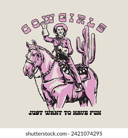 HAND DRAWN RETRO COWGIRL WESTERN PEOPLE PERSON WOMAN LADY HORSE ANIMAL WILD WEST VINTAGE TSHIRT TEE PRINT FOR APPAREL MERCHANDISE