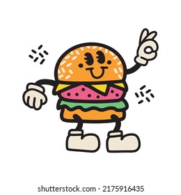 Hand drawn retro design trendy burger cartoon character element. Linear doodle vector illustration. Isolated design for tee print.