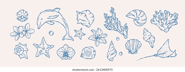 Hand drawn retro doodle nautical elements