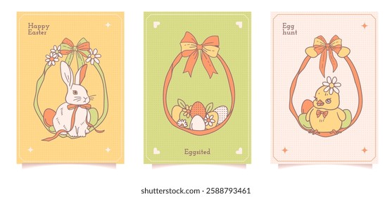 Hand drawn retro Easter cards set with bunny, eggs, ribbon frames, and bows in beige, green, and yellow tones. Vintage Contour hand drawn vector illustration.
