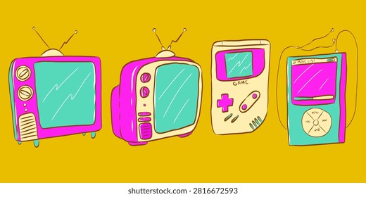 Hand Drawn Retro Electronic Gadgets Doodle Set Vintage TV Game Console Music Player