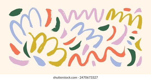 Hand drawn retro emphasis lines and strokes, colored doodle brush squiggles. Charcoal or marker doodle rough scribbles. Hand drawn crayon drawings, scribble simple elements for diagrams and notes.