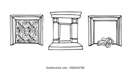 Hand drawn retro fireplaces set. Vector illustration. Isolated on white background