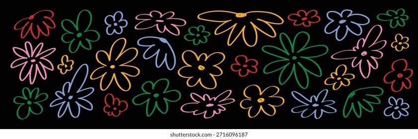 Hand drawn retro floral elements in doodle style on dark background for creative design.