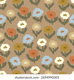 Hand drawn retro flowers different colors, fall pattern. Naive flowers pattern for fabric, card, wallpaper, wrapping paper.